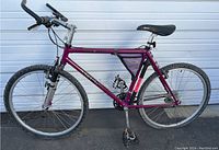 Full side view of purple Trek Single Track 19 inch mountain bike showing frame, wheels, pedals, and saddle.