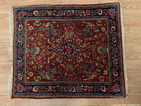 Full view of the small rectangular Persian rug with pattern and fringes.