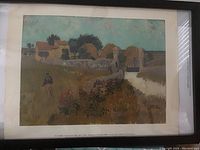 Overall framed print showing farmhouse scene with stone walls and figure in field.