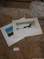 Pair of silkscreen prints lying on a carpeted floor showing abstract torn paper landscape imagery, white paper with rough edges.