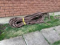 Full coil of brown commercial grade garden hose laid on outdoor grass next to a brick wall.