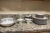 Wide view of entire Buckingham fine china set arranged on granite countertop showing plates, bowls, cups, sugar bowl, creamer, and serving dish.