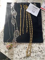 Photo showing a black velour case with one gold-tone chain necklace and three matching gold-tone chain bracelets alongside two costume jewelry necklaces, one with silver leaf pendants and one with a colorful enamel pendant.