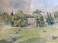 Close-up photo of one watercolour featuring a large house with surrounding trees and lawn, showing paper texture and some damage.