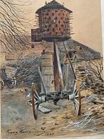 Full view of the watercolour painting depicting a farmyard scene with dovecote, cart and buildings.