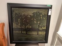 Overall view of square framed painting in black wooden frame.