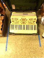 Wide view of white Hohner accordion placed inside open green plush-lined case