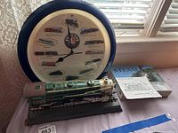 Full lot showing train themed wall clock, model train, train telephone, and train books.