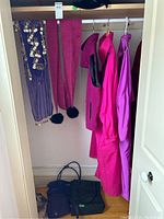 Closet view with hanging pink and purple coats, scarves with decorative elements, and bags on floor.