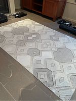 Full view of the area rug showing the entire rug laid out on a tiled floor with geometric patterns visible.