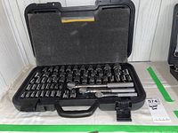 Top open view of Shopro black carrying case showing rows of polished chrome sockets and three ratchet handles inside, all organized