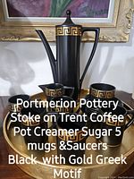 Photo of black pottery coffee pot, creamer, sugar bowl, five mugs with saucers on round gold wooden tray with gold Greek key motif