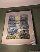 Framed print depicting boats in a harbor scene showing three boats and shadowing, measuring 20x24 inches as per seller notes.