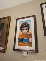 Framed serigraph print by Walter Keane titled "Waiting" showing child and dog through fence.