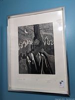 Framed original religious art print showing two praying hands, crosses, and abstract spiritual symbols in black and white