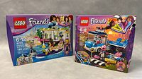 Front view of two LEGO Friends set boxes, Heartlake Surf Shop and Amusement Park Roller Coaster