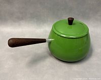 Side view of green fondue pot showing overall shape, wood handle and lid knob, and enamel finish.