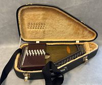 Vintage Anjoharp Chromaharp string instrument inside its plush-lined carrying case, showing the instrument with multiple strings and labeled chord buttons.