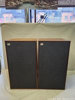 Front view of both speakers with cloth grilles attached.