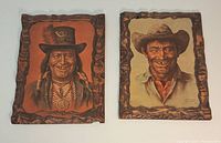 Two vintage cowboy art prints on wood with carved wood borders, depicting cowboys smiling, warm brown tones used.