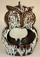 Close-up of front of the ceramic owl ashtray showing detailed owl eyes and textured white and brown glaze.