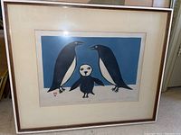 Full view of framed print showing three birds, mat and frame