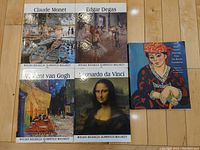Photo showing five art books: Claude Monet, Edgar Degas, Vincent van Gogh, Leonardo da Vinci, and Matisse. Four from 'WIELKA KOLEKCJA SLAVNYCH MALARZY' series, one separate Matisse book with colorful portrait cover.
