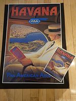 Large vintage-style Havana Pan Am travel poster print size 26 by 38 inches on black background with smaller print overlayed showing size difference.