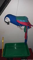 Side profile of large colorful parrot hanging above the green toy wagon