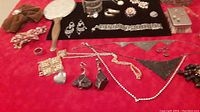 Photo showing various vintage costume jewelry including earrings, brooches, necklaces, rings, and a bracelet laid out on a red surface.