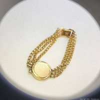 Front angled view of vintage gold tone Speidel bracelet showing the oval center plate and triple chain band.