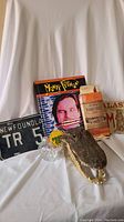 Lot showing Monty Python book with CD, Whiskey Bible, mounted alligator head, Crystal Head vodka bottle, and Newfoundland license plate.