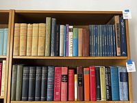 Two-shelf overview showing mixed series sets including Oxford History of Technology and assorted clothbound volumes