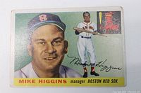 Front of the 1955 Topps baseball card showing Mike Higgins in Boston Red Sox cap and uniform, including smaller full-body image and signature.