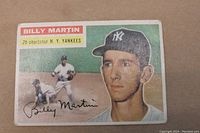 Front of 1956 Topps Billy Martin card #181 showing player image with printed autograph, New York Yankees uniform, some wear visible on edges and corners.