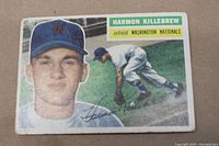Front of the 1956 Topps Harmon Killebrew baseball card showing player images and signature illustration.