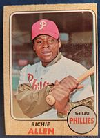 Front of the 1968 Topps Richie Allen baseball card showing player image and team logos.