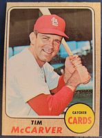 Front of 1968 Topps Tim McCarver baseball card showing player image and graphics