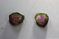 Two irregular watermelon tourmaline slices laid flat on a white surface, showing their translucent pink and green coloration and rough edges.