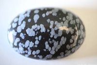Close-up front view of a polished oval snowflake obsidian cabochon showing characteristic gray and white snowflake patterns on black base.