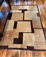 Top-down view of the full area rug showing geometric pattern and dark border.