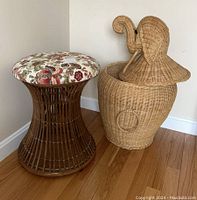 Photo showing both the rattan stool seat with floral padded top and the natural wicker elephant basket.