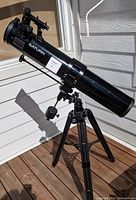 Full view of Saturn telescope tube mounted on equatorial mount and adjustable tripod