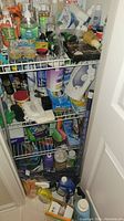 Photo showing shelves filled with assorted cleaning liquids, soaps, and a Rowenta iron.
