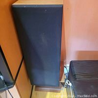 Front view of a single floor-standing speaker with black fabric grille and wood veneer cabinet