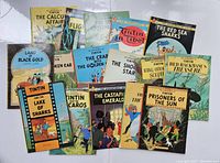 Top-down view of 16 vintage Tintin comic books spread out showing colorful illustrated covers with Tintin characters and scenes.