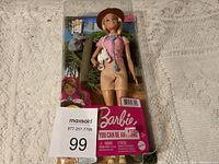 Barbie doll in original packaging standing upright, showing full figure and accessories including koala toy, binoculars, and camera with outdoor nature scene background.