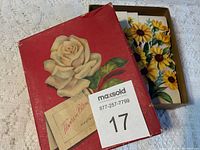 Red box labeled 'Flowers in Bloom' with rose illustration and showing some greeting cards inside.