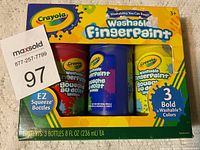 Front view of Crayola Washable Fingerpaint 3-pack showing red, blue, yellow bottles in original packaging with MaxSold tag.