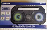 Front box image of sealed Fisher Max Sound Wireless Boombox speaker showing Bluetooth support, multi-color lights, true wireless stereo, FM radio, and other features.